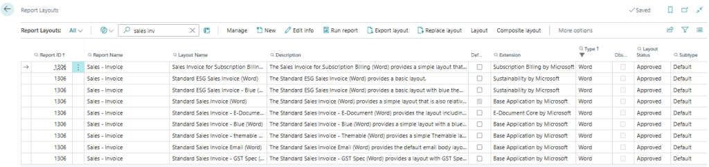 Figure 1: Business Central Report Layouts showing the new Word Layout subtype used for composite layouts.