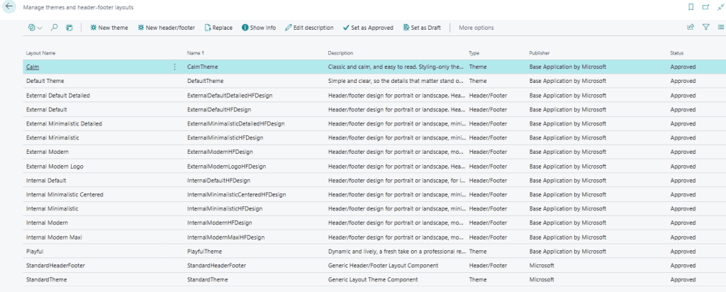 Figure 2: Reusable Report Themes and Header/Footer layouts can be managed centrally in Business Central.