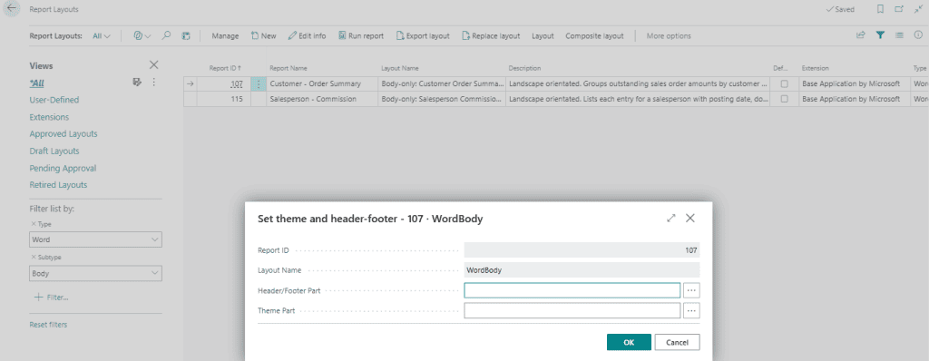 Figure 3: Assigning reusable Theme and Header/Footer components to a Business Central Word report Layout.